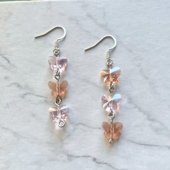 Rose Pink and Blush Glass Butterfly Bracelet + Earrings Set - Picture 4 of 9